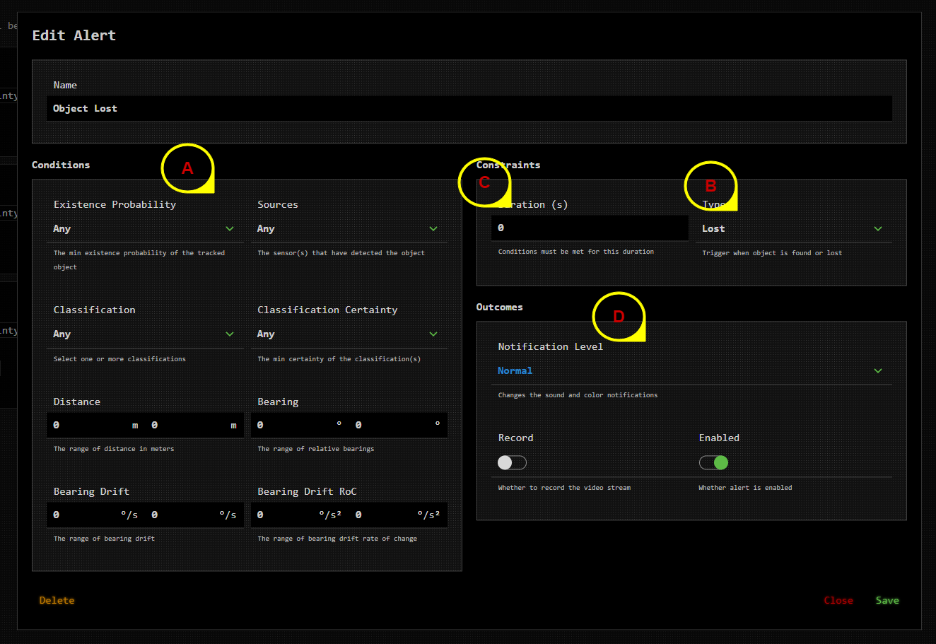 Alert configuration interface